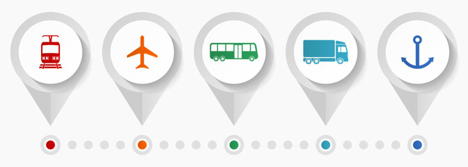 Transport vector icons, travel and logistic flat design web pointers collection, business concept infographic template