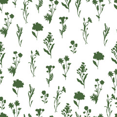 Wild flowers vector seamless pattern. herbs, herbaceous flowering plants, blooming flowers, subshrubs texture. Hand drawn flat botanical illustration. Buttercups, pansy, tansy, cornflower, lavender