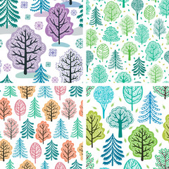 Winter, spring, summer and autumn forest. Four seasons. Collection of trees seamless patterns