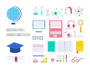 Big collection educational equipment and office supplies for study online or offline, vector colorful design elements on white background