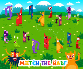 Match the half of cartoon monster characters. Vector game worksheet with cute funny aliens on green summer field. Find the correct pieces of colorful fluffy and toothy spooky personages