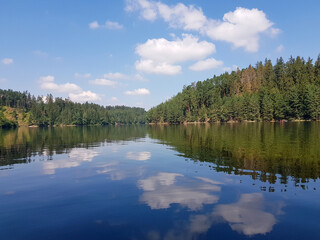 Fototapeta premium Idyllic mirror scenery on Ottensteiner Stausee in Austria, Waldviertel