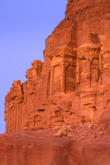 Petra, Jordan Corinthian Royal Tomb in ancient Nabataean city, evening dusk blue hour view