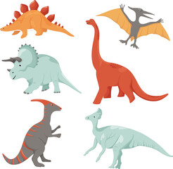 Cartoon-style vector set of dinosaurs on a white background