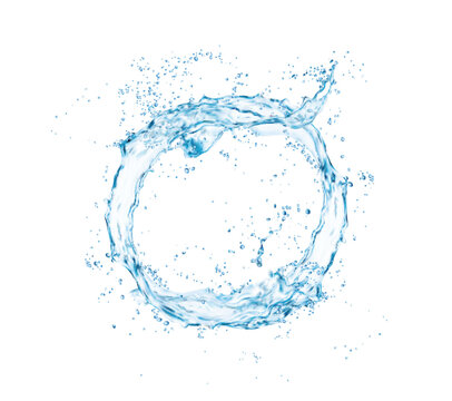 Round water splash, circle swirl, clean wave with splatters. Vector liquid flow with drops. Isolated transparent splashing aqua dynamic motion with spray droplets. Realistic 3d element, fresh drink