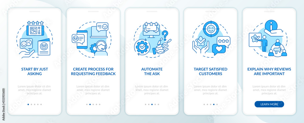 Poster asking customers write reviews blue onboarding mobile app screen. walkthrough 5 steps editable graph