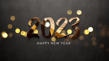 2023 greetings with golden effect. Shiny Happy new year text on concrete for background, graphic design, banner, illustration. 3D rendering