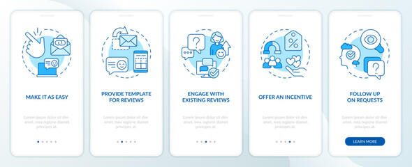 Motivate customers to write reviews blue onboarding mobile app screen. Walkthrough 5 steps editable graphic instructions with linear concepts. UI, UX, GUI template. Myriad Pro-Bold, Regular fonts used