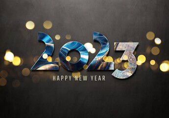 2023 greetings with golden effect. Shiny Happy new year text on concrete for background, graphic design, banner, illustration. 3D rendering