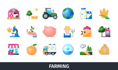Farming 3d vector icon set. Plants, livestock, farming, ecology, tractor, irrigation, cultivation, shop, chicken, milk. Realistic objects in 3D style