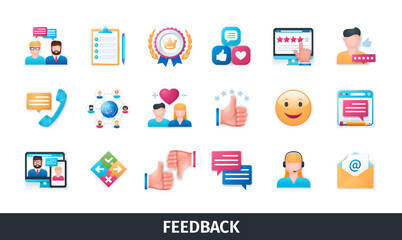 Feedback 3d vector icon set. Followers, response, advice, rating, call center, customers, survey, comment, email. Realistic objects in 3D style