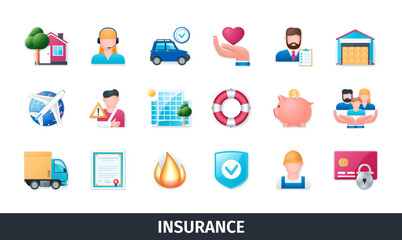 Insurance 3d vector icon set. Support, agent, business, car, accident, fire, protection, property, house, finance. Realistic objects in 3D style