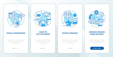 Customer reviews purposes blue onboarding mobile app screen. Walkthrough 4 steps editable graphic instructions with linear concepts. UI, UX, GUI template. Myriad Pro-Bold, Regular fonts used