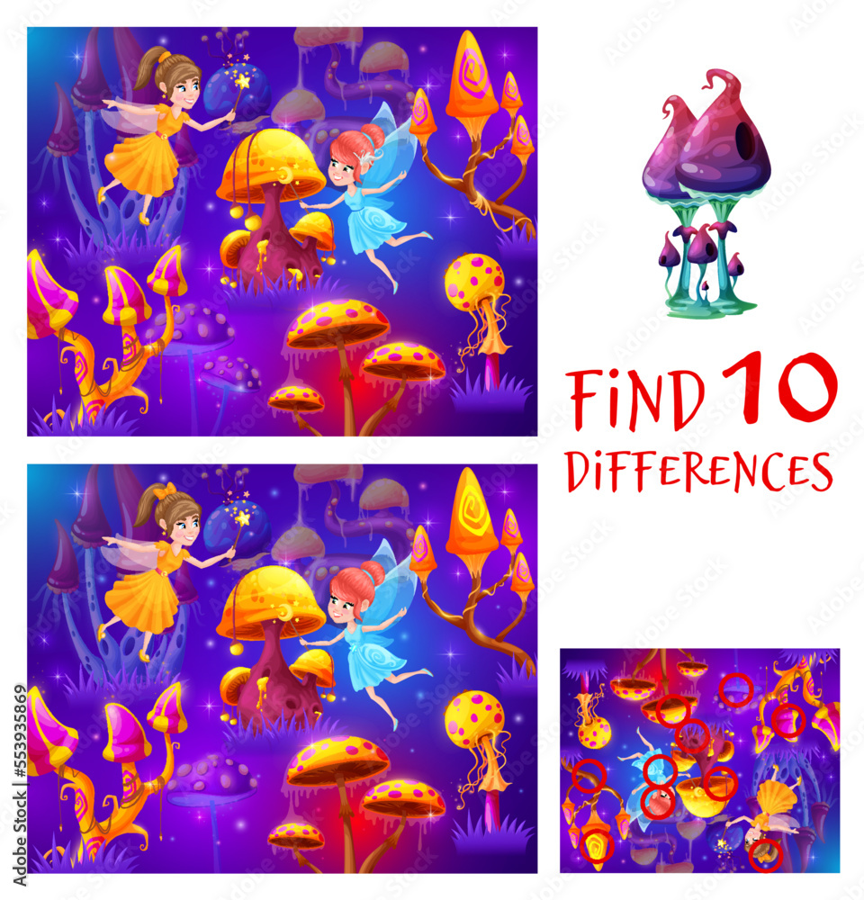 Poster fairy and magic luminous mushrooms in forest, find ten differences, vector game worksheet. kids educ