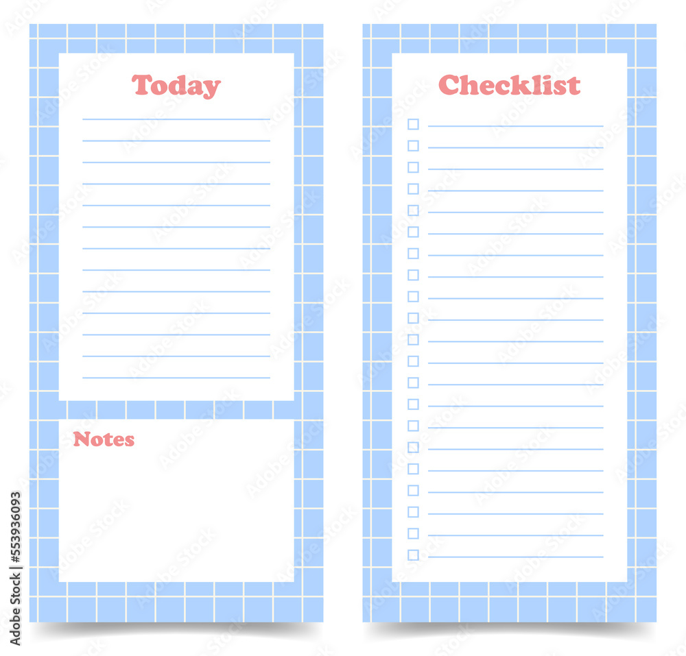 Poster two daily planners pages template.tasks for today and checklist. vertical journal on abstract blue c