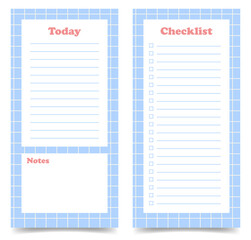 Two daily planners pages template.Tasks for today and checklist. Vertical journal on abstract blue cage pattern background. Y2k style. Vector illustration