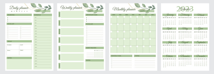 Set of personal planners page templates with calendar 2023 year. Vertical A4 format daily, weekly, monthly plan. Watercolor foliage design. Vector journal for daily routine - obrazy, fototapety, plakaty