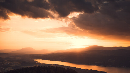 sunset over the Worthersee in the Alps
