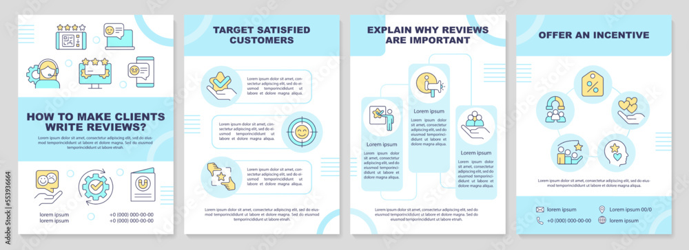 Poster how to make clients write reviews cyan brochure template. leaflet design with linear icons. editable