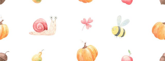 cute seamless pattern with pumpkins, apples and pears, autumn, cute watercolor illustration isolated on white background