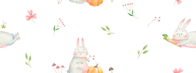 cute seamless pattern with rabbits and pumpkins, autumn motifs, cute watercolor illustration isolated on white background