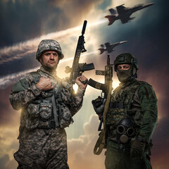 Art of military soldiers with rifles and uniform against background with sky and airplanes.