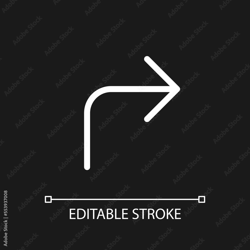 Poster right turn arrow pixel perfect white linear ui icon for dark theme. road sign. finding route. vector
