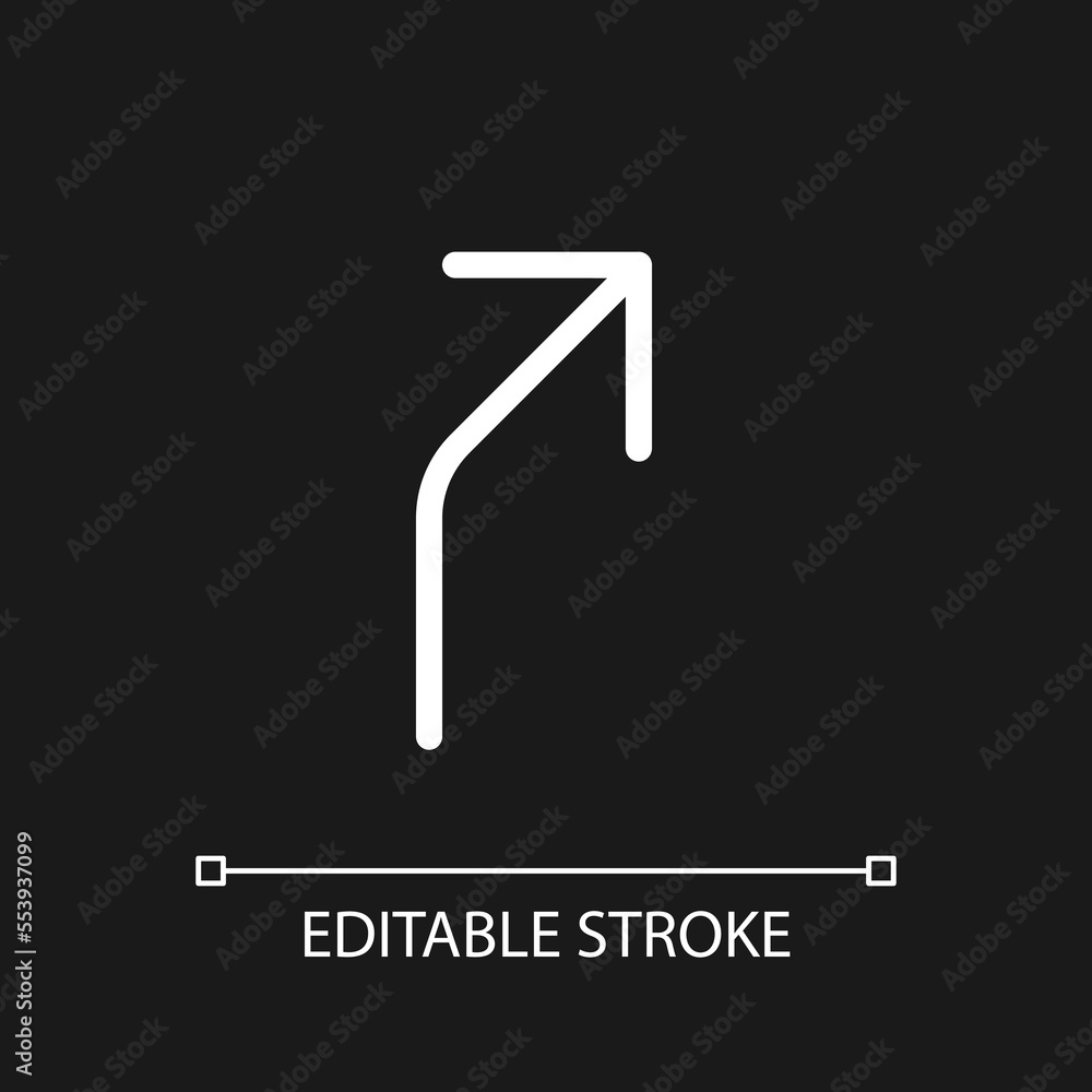 Poster road curves to right arrow pixel perfect white linear ui icon for dark theme. road sign. vector line