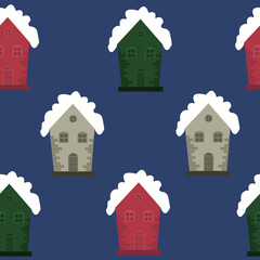 Cute seamless Christmas pattern with winter houses.  Vector illustration for cards, posters, flyers, webs and other use.