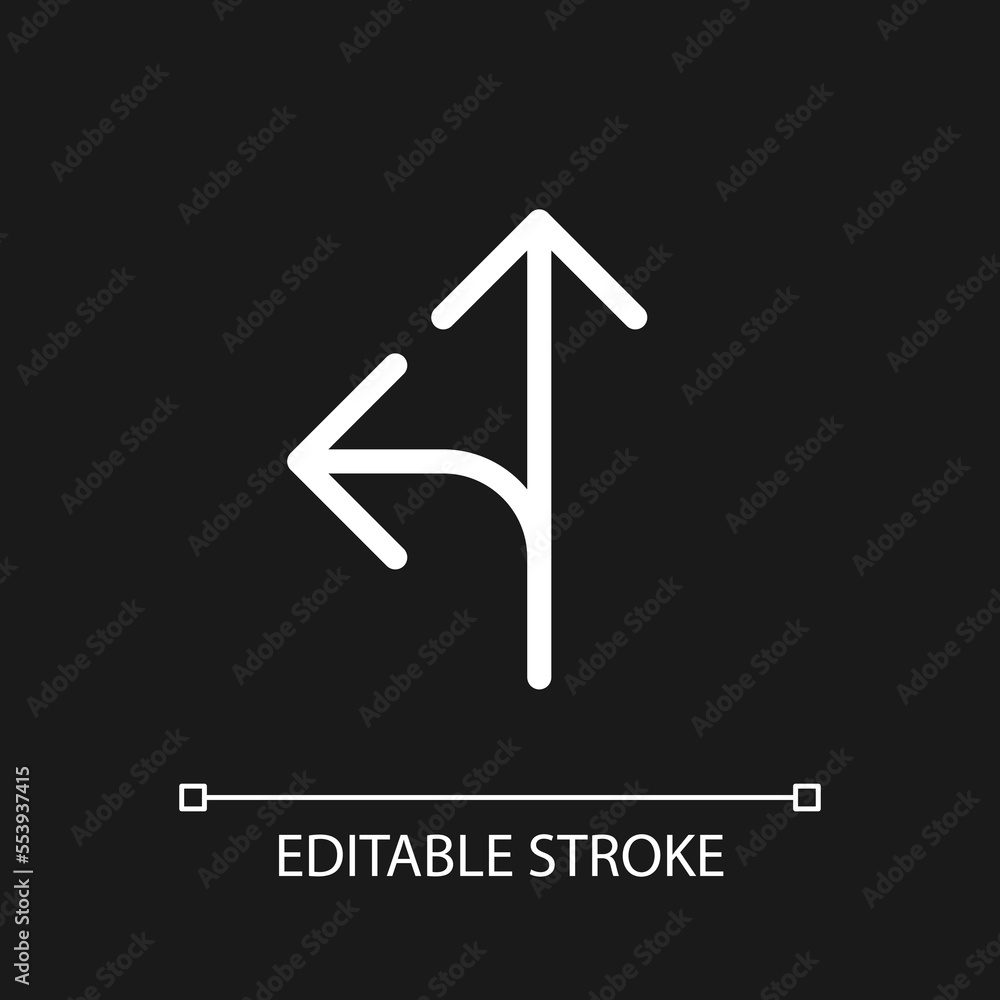 Poster straight and turn left traffic sign pixel perfect white linear ui icon for dark theme. vector line p