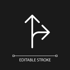 Straight and turn right traffic sign pixel perfect white linear ui icon for dark theme. Vector line pictogram. Isolated user interface symbol for night mode. Editable stroke. Arial font used