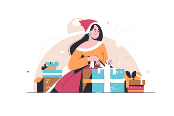 Happy girl or woman opening big gift box for christmas event. Big surprise gift box. Christmas presents. New Year celebrations