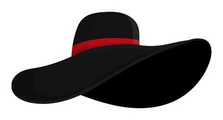Round women hat with wide brim. Elegant black felt hat for formal occasions and social event. Vector isolated on white background