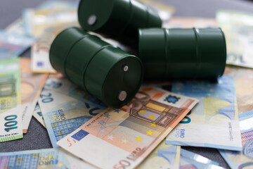 euro banknotes and oil barrel concept photo - obrazy, fototapety, plakaty