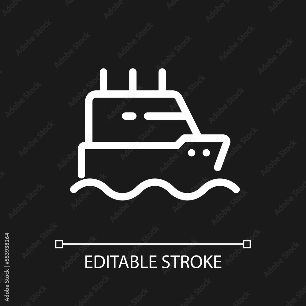 Poster ferry pixel perfect white linear ui icon for dark theme. boat transporting passengers. vector line p