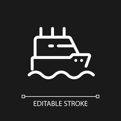 Obraz premium Ferry pixel perfect white linear ui icon for dark theme. Boat transporting passengers. Vector line pictogram. Isolated user interface symbol for night mode. Editable stroke. Arial font used