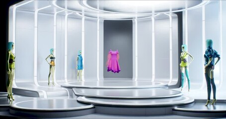 3D Fashion Show: Invisible Virtual Model Walking by the Podum. Fashionable Pink Dress. Meetings in Virtual Space, Artificial World. Concept of Gamification and Realization of NFT Products. 3D