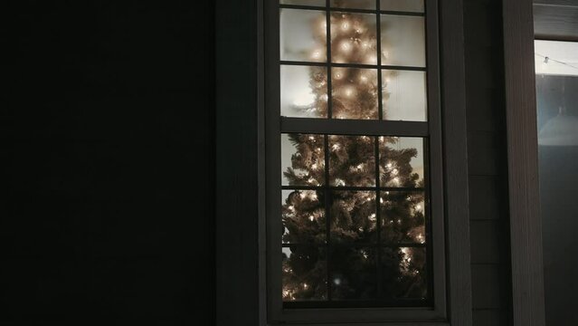 a Christmas tree through a window shot from outside of a home in the winter