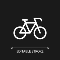 Bicycle pixel perfect white linear ui icon for dark theme. Riding bike. Rental service. Vector line pictogram. Isolated user interface symbol for night mode. Editable stroke. Arial font used