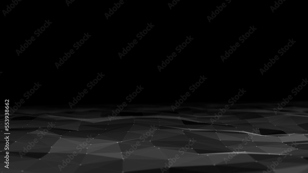 Poster Wave of digital particles on a black background. Abstract interlacing lines and points. Digital connection of elements. Simulation of the movement of small particles. 3D rendering.