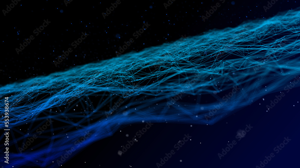 Poster Futuristic wave with lines and dots. Abstract background with a dynamic wave. Particle placement with hanging dots in space. Large data background. 3d rendering.