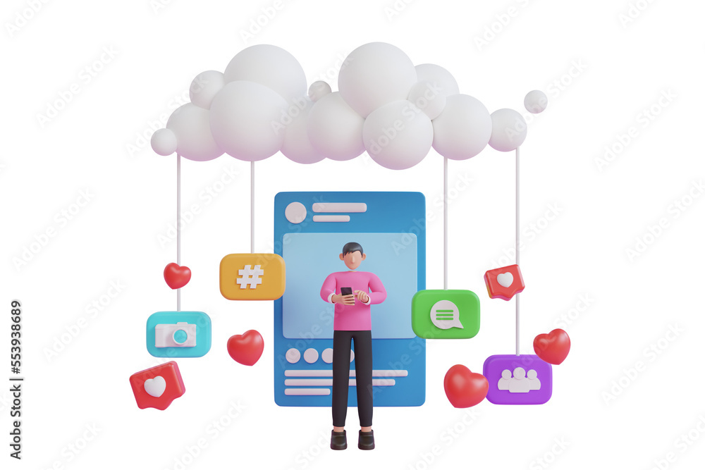 Poster blank social network post surrounded with floating elements. 3d render social media with photo frame