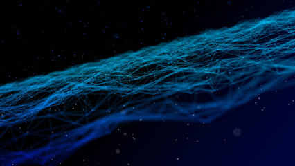 Futuristic wave with lines and dots. Abstract background with a dynamic wave. Particle placement with hanging dots in space. Large data background. 3d rendering.