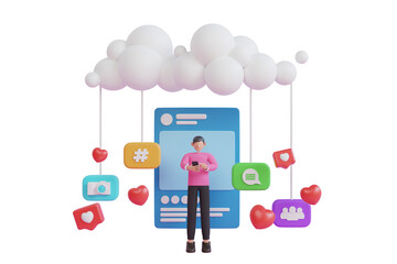 Blank Social network post surrounded with floating elements. 3D render Social Media with photo frame, like button , hashtag, follower and comment button. 3d rendering
