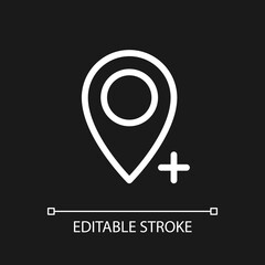 Add place to map pixel perfect white linear ui icon for dark theme. Current location. Vector line pictogram. Isolated user interface symbol for night mode. Editable stroke. Arial font used
