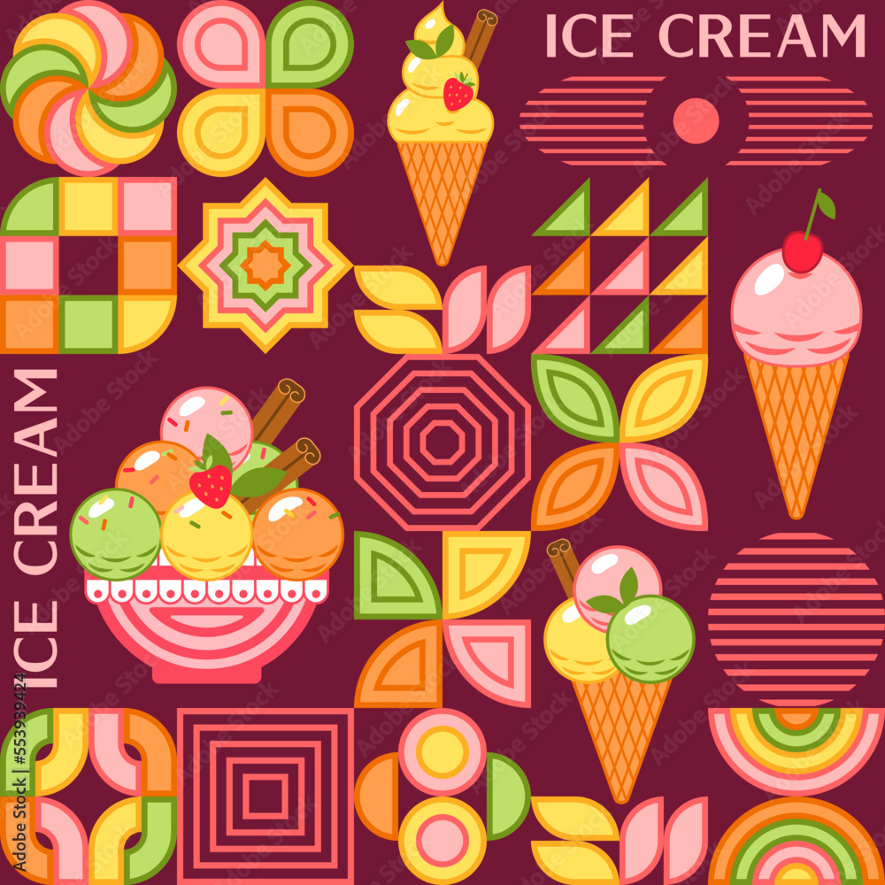 Aufkleber seamless pattern with ice cream, abstract geometric shapes, text. mosaic simple minimal style. for p