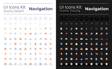 GPS and navigation flat color ui icons set for dark, light mode. Pin location. Track real-time traffic. GUI, UX design for mobile app. Vector isolated RGB pictograms. Montserrat Bold, Light fonts used
