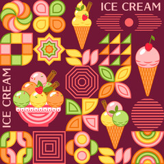 Seamless pattern with ice cream, abstract geometric shapes, text. Mosaic simple minimal style. For prints, clothing, surface design