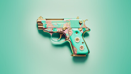 colorful pistol gun with flower texture isolated on colorful background with clipping path, cartoon,children,woman,pop art, generative ai