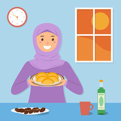 Happiness Muslim woman holding homemade Indonesian pastel cake for Iftar time of Ramadan vector illustration